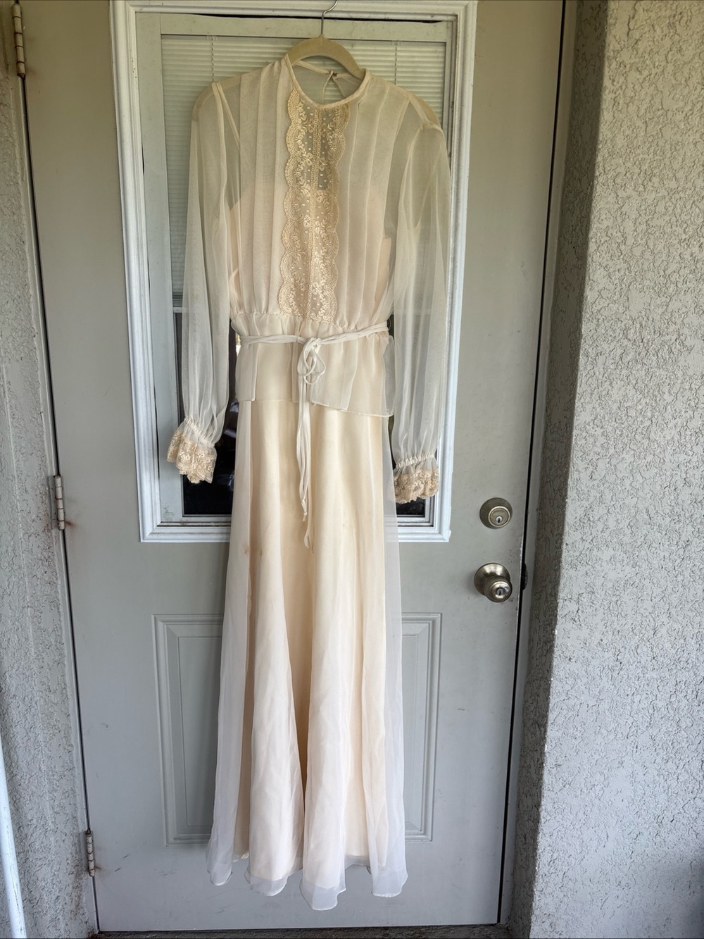Sheer Lace-Trim Maxi Dress in Cream with Tie Waist Vintage 1970s